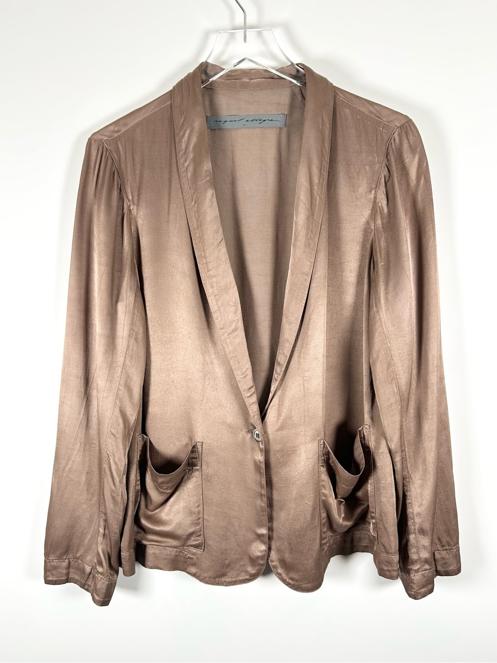 Raquel Allegra Pebble Satin Shrunken Blazer Women’s 2 Medium Taupe Bronze Jacket